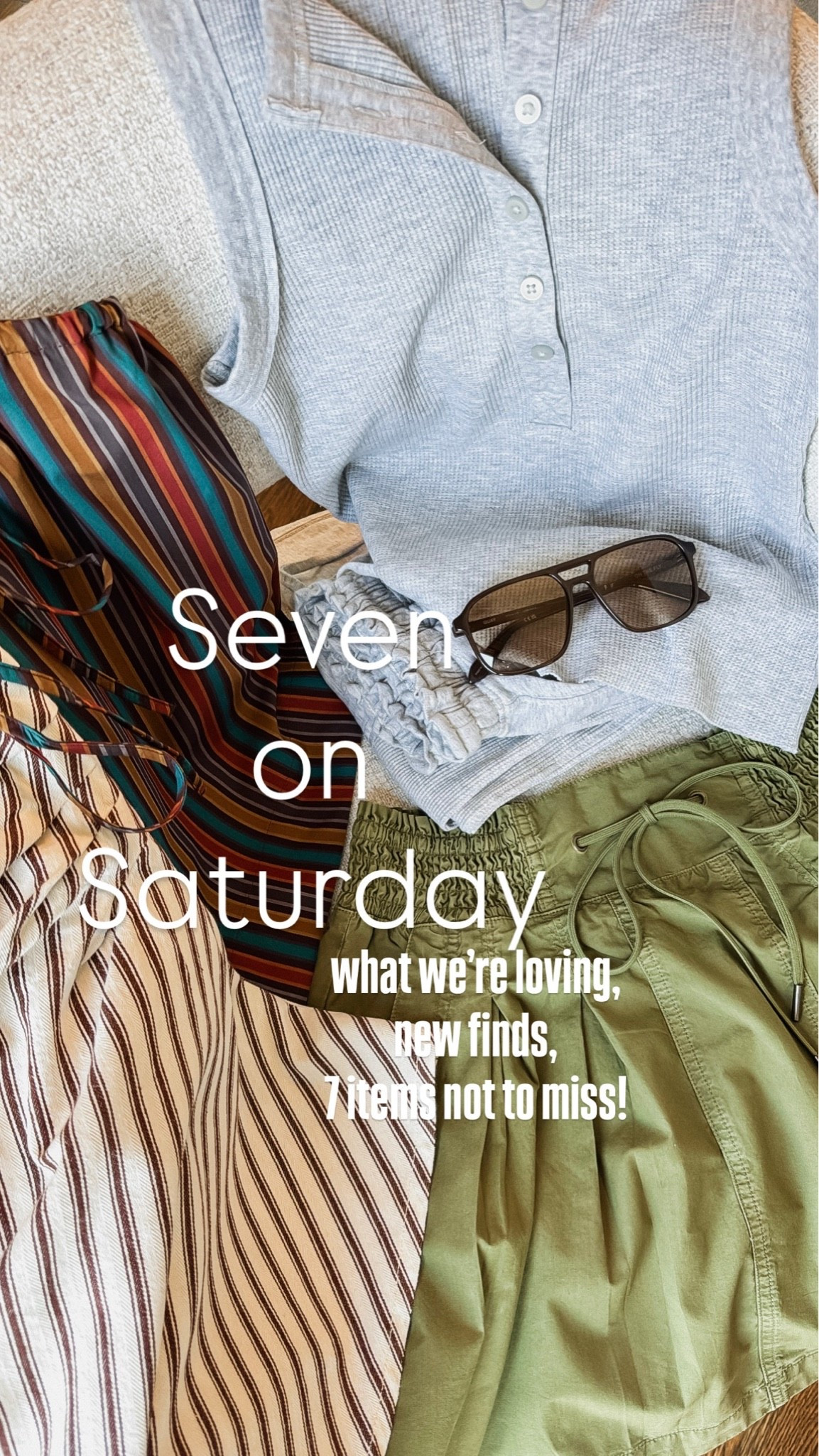 Seven on Saturday. 
What we’re loving
New finds
7 items not miss!
XS utility skirt / XS grey lounge set / down one size to XXS in stripe halter / S stripe tube top

#LTKootd #LTKSeasonal #LTKOver40
