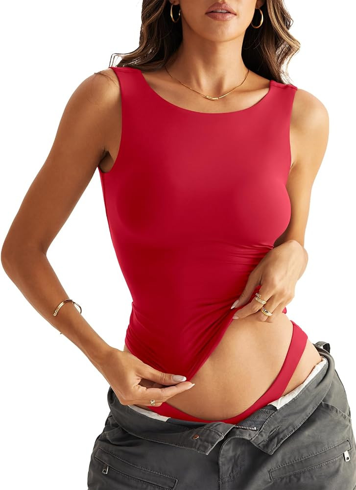 Women Sleeveless Boat Neck Tops Double Lined Backless Tank Tops Basic Fitted T Shirts 2025 | Amazon (US)