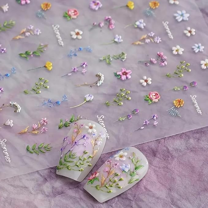 Flower Nail Stickers for Nail Art - Flowers Nail Art Stickers Summer Floral Leaf Plant 5D Embosse... | Amazon (US)