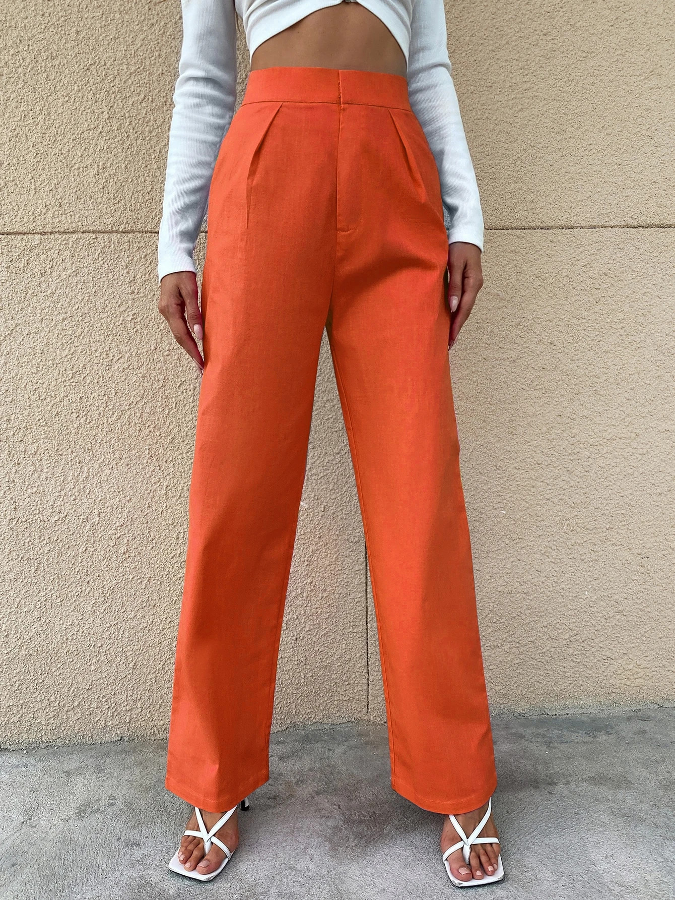Solid High Rise Straight Leg Pants | SHEIN