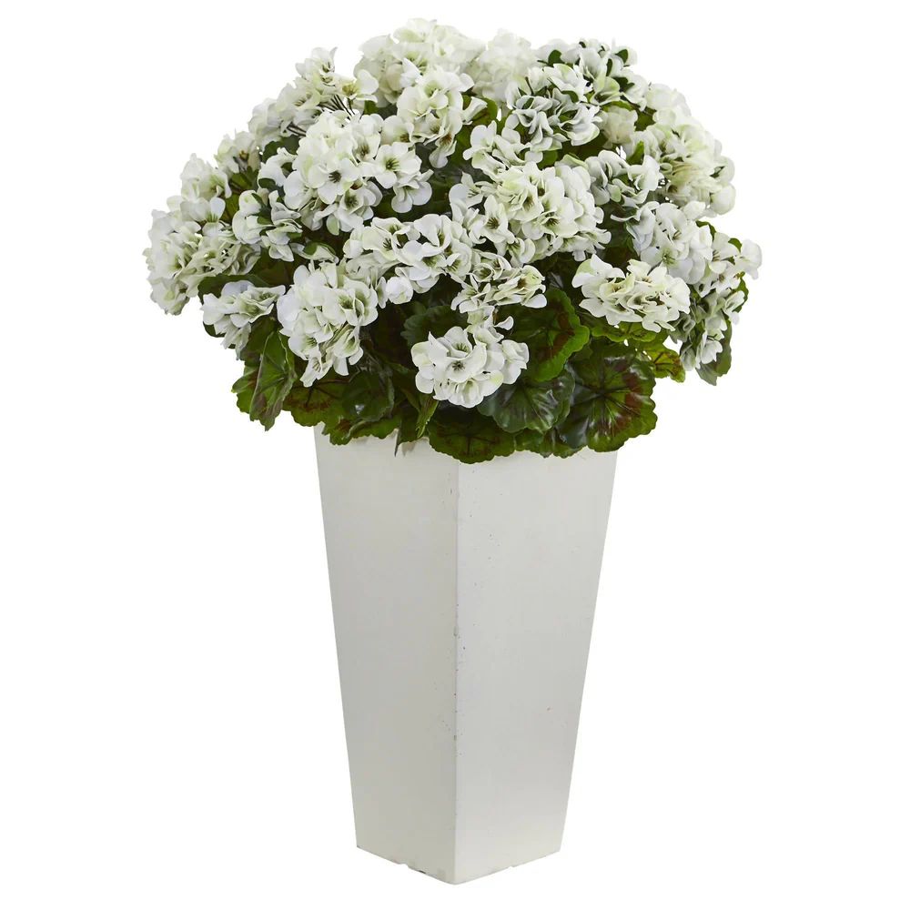 27” Geranium Artificial Plant in White Planter UV Resistant (Indoor/Outdoor) | Nearly Natural