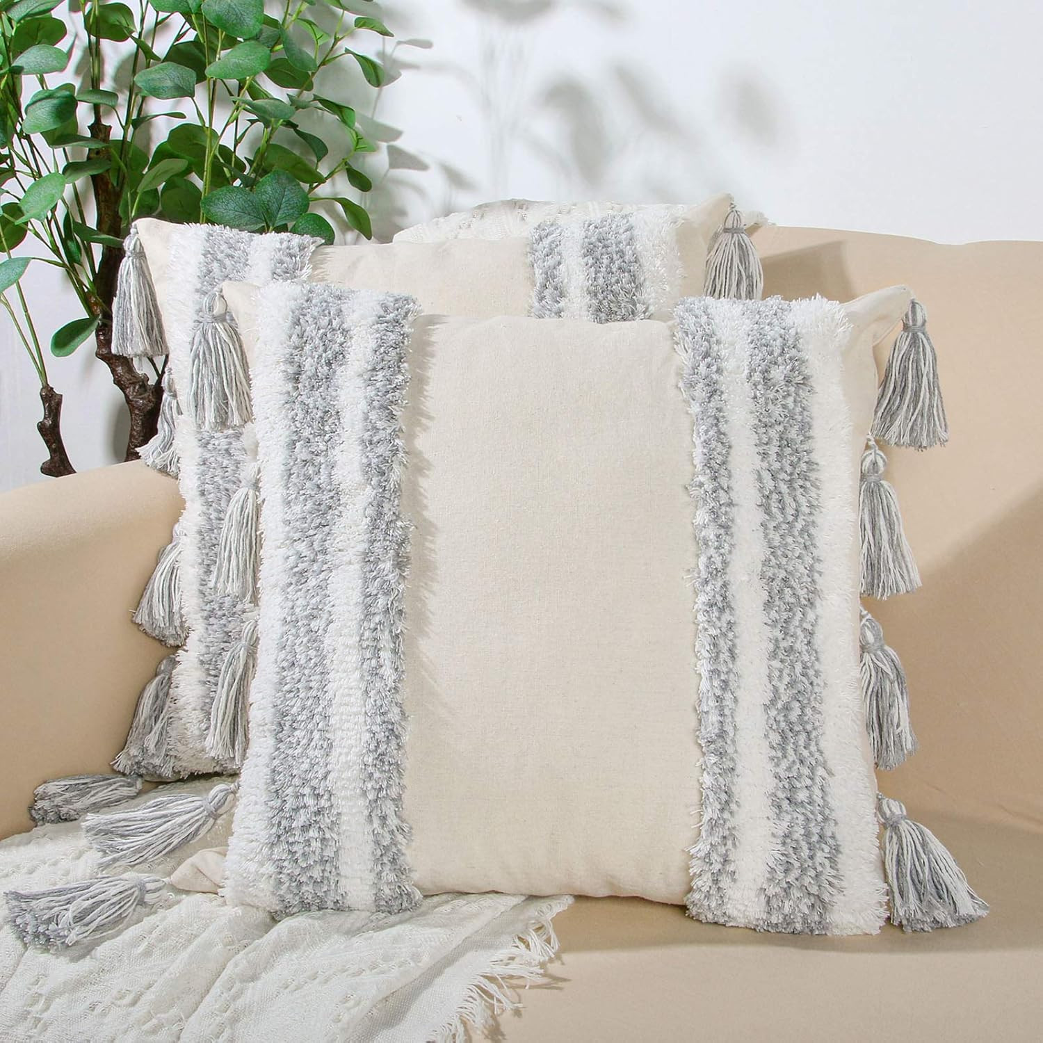 JUXAMI Throw Pillow Covers 18x18, Boho Pillow Covers Woven Tufted Decorative Pillow Covers for Co... | Amazon (US)