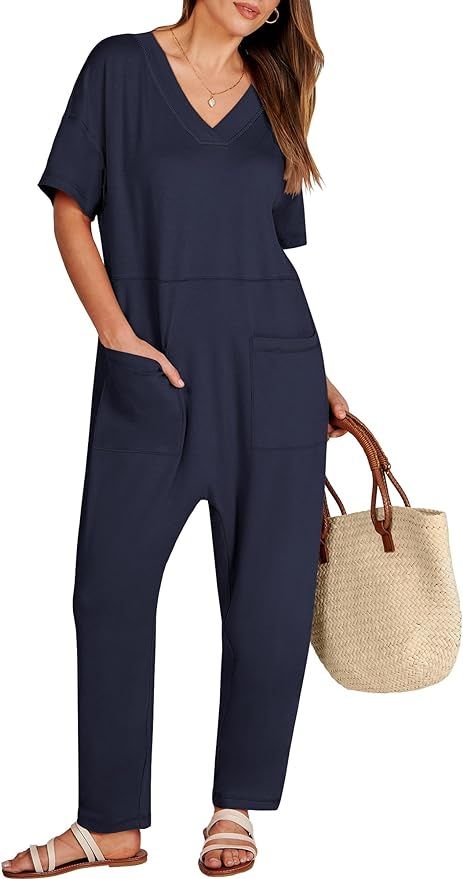 ANRABESS Jumpsuits for Women 2024 Summer Casual Rompers Short Sleeve V Neck Harem Pants Lounge On... | Amazon (US)