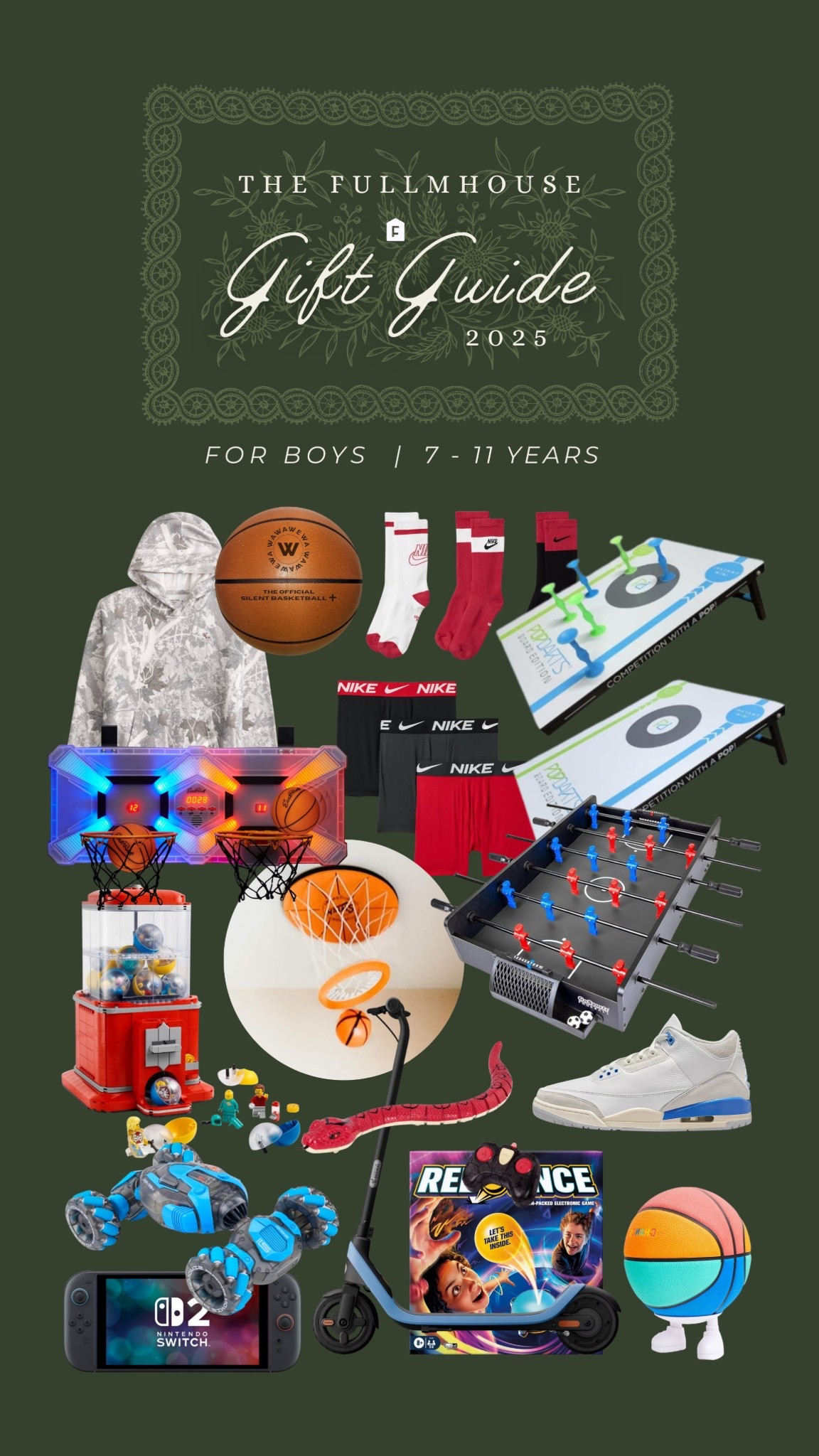 Boys 7-11 years old, these are all approved by JJ. You can’t go wrong with new shoes, the silent ball and also the ceiling swish has been a hit!