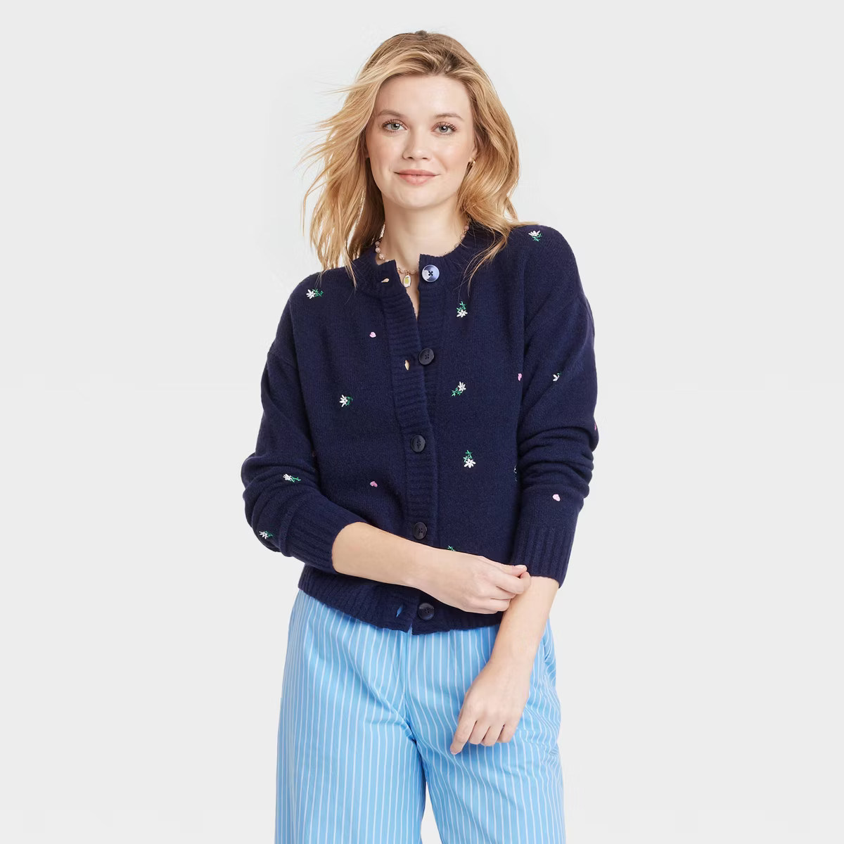 Women's Button-Front Cardigan - Universal Thread™ Navy Blue Floral M | Target