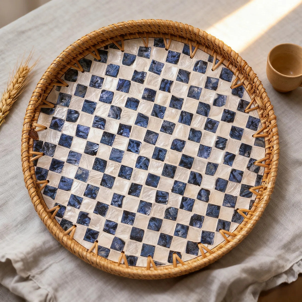 Christmas Large Rattan Serving Tray With Mother Of Pearl Inlay, Coastal Boho Handcrafted Wicker T... | Wayfair North America