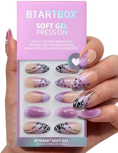 BTArtbox Press On Nails Medium - 3D Purple Butterfly French Tip Almond Press On Nails with Glue f... | Amazon (US)