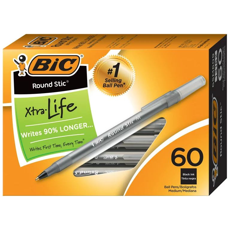BIC Round Stic Xtra Life Ball Pen, Classic Medium Point (1.0mm), Black, Box of 60 Ballpoint Pens,... | Walmart (US)