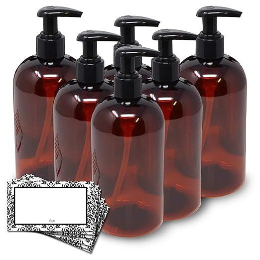 BAIRE BOTTLES - 16 OZ BROWN AMBER PLASTIC REFILLABLE BOTTLE with BLACK LOTION PUMPS - 6 Pack, BON... | Amazon (US)