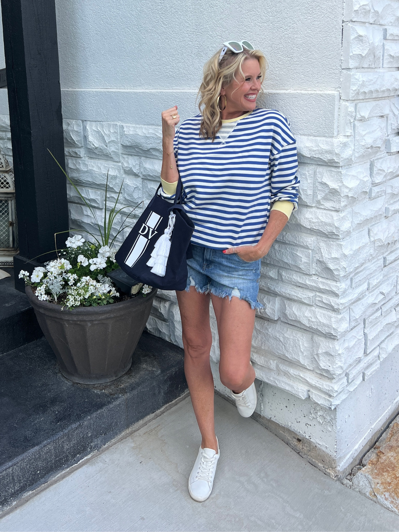 Amazon find✔️
🤍💙☀️

This daring viral dupe sweatshirt is so cute and lightweight!
Perfect for the Summer months!
Chilly morning and events parties with Jean shorts your favorite denim and darling with linen pants!  Fits tts I am wearing a small 

Paired with affordable and great quality Risen denim shorts

White leather sneakers 
By Chicos 

Favorite canvas mongramed hold everthing tote perfect for travel and the beach save 20% CODE- DARCY20
By quilted koala 

Sunglasses are Quay  (old) linking similar 


#LTKTravel #LTKFindsUnder50 #LTKStyleTip