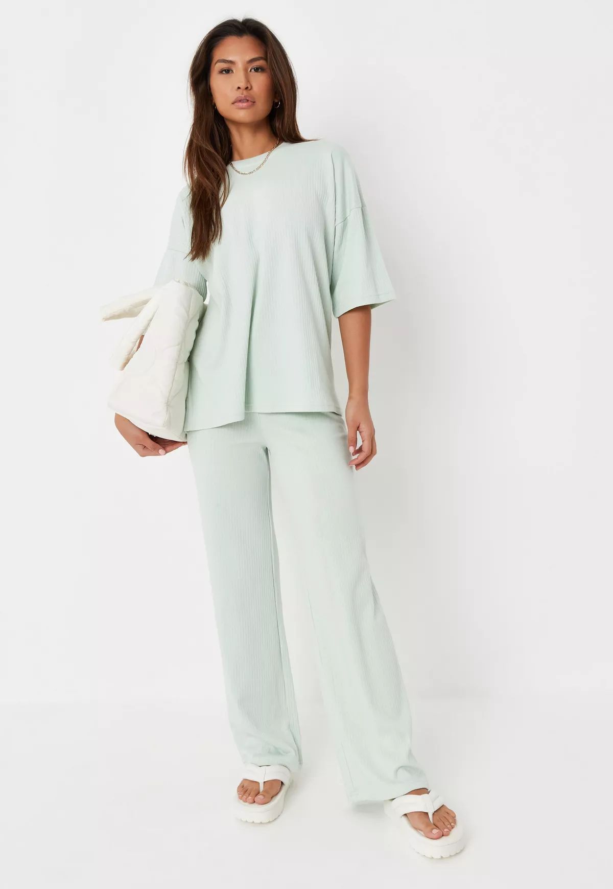 Mint Rib T Shirt And Wide Leg Pants Co Ord Set | Missguided (US & CA)