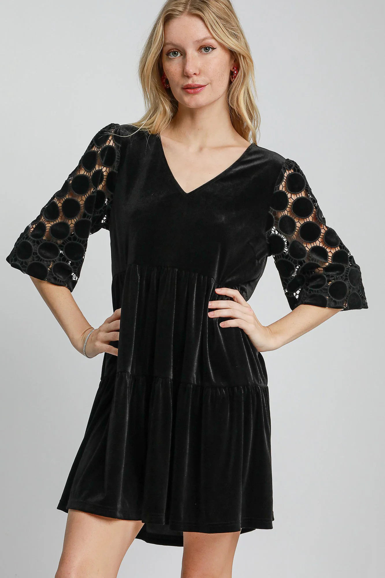 Umgee Dotted Lace Sleeve Tiered Velvet Mini Dress Black / M | Casual Chic Boutique