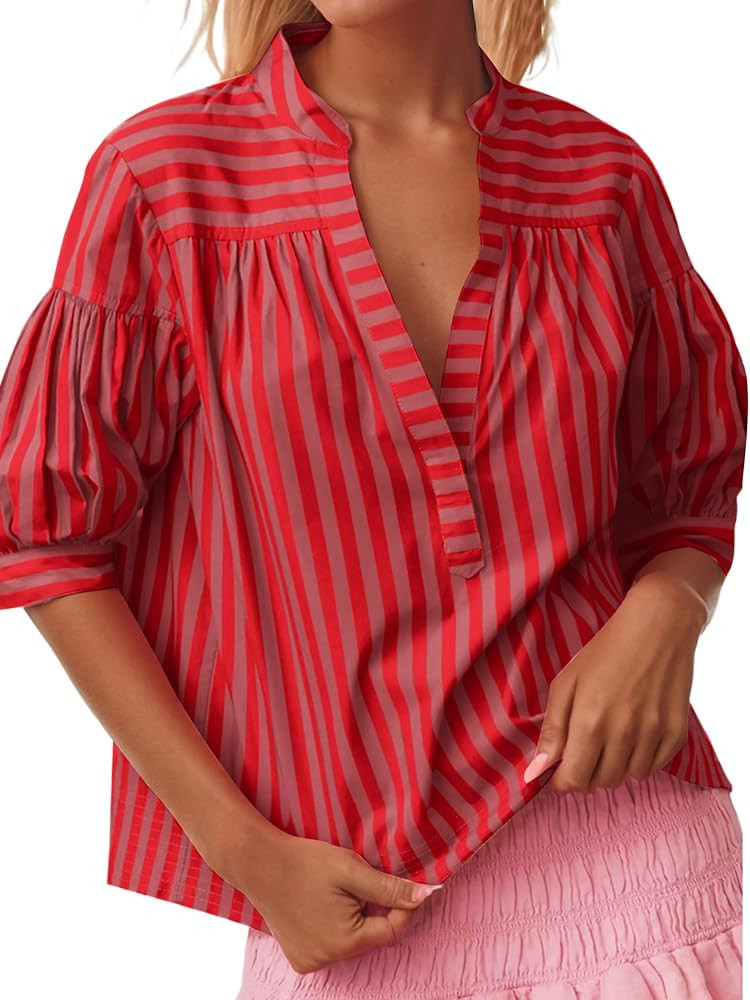 Womens Short Puff Sleeve Striped Blouses Top V Neck Loose Fit Casual Summer Work Blouses Striped ... | Amazon (US)