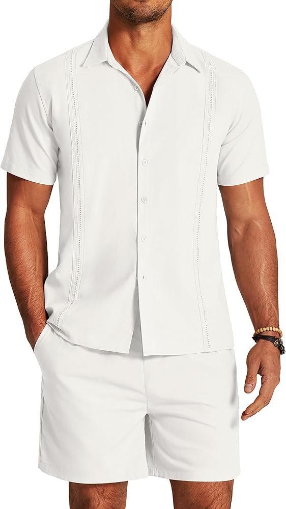 COOFANDY Men 2 Piece Linen Set Beach Guayabera Outfit Button Down Shirt and Short | Amazon (US)