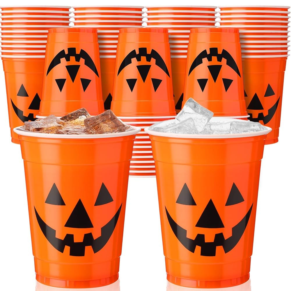 Meanplan 100 Pcs Halloween Plastic Cups 12 oz Jack-O-Lantern Orange Disposable Party Cups for Tri... | Amazon (US)