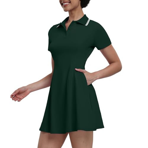 GGOV Womens Tennis Dresses Golf Dress Short Sleeve with Shorts Workout Athletic Dress(Dark Green,Small) | Amazon (US)