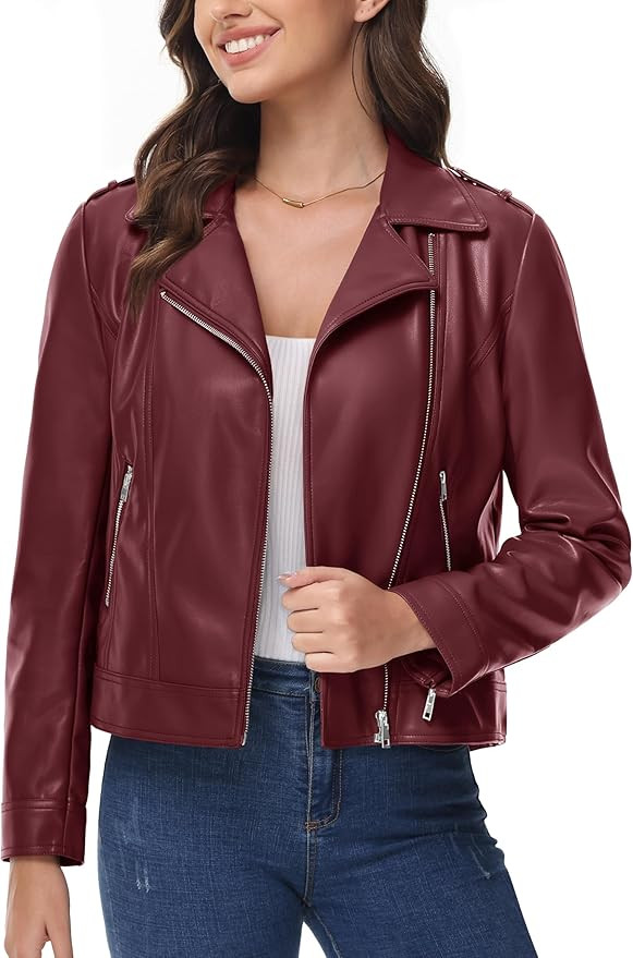 MAGCOMSEN Women's Leather Jacket Zipped Moto Jacket Lightweight Faux Leather Biker Jackets Fall A... | Amazon (US)