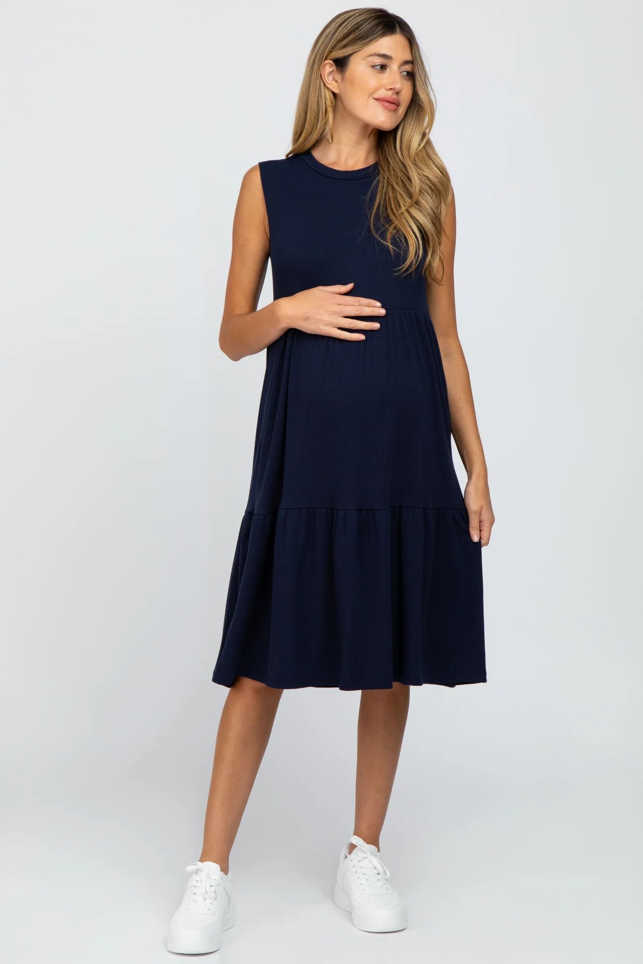 Navy Ribbed Sleeveless Maternity Midi Dress | PinkBlush Maternity