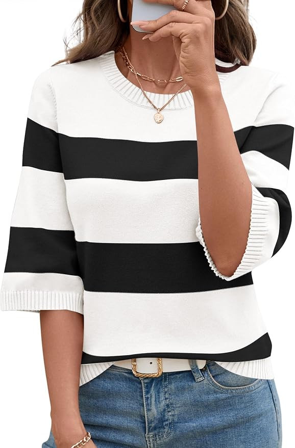 LOMON Womens Sweaters Casual Fall 2025 Crew Neck Striped 3/4 Sleeve Lightweight Knit Trendy Pullo... | Amazon (US)