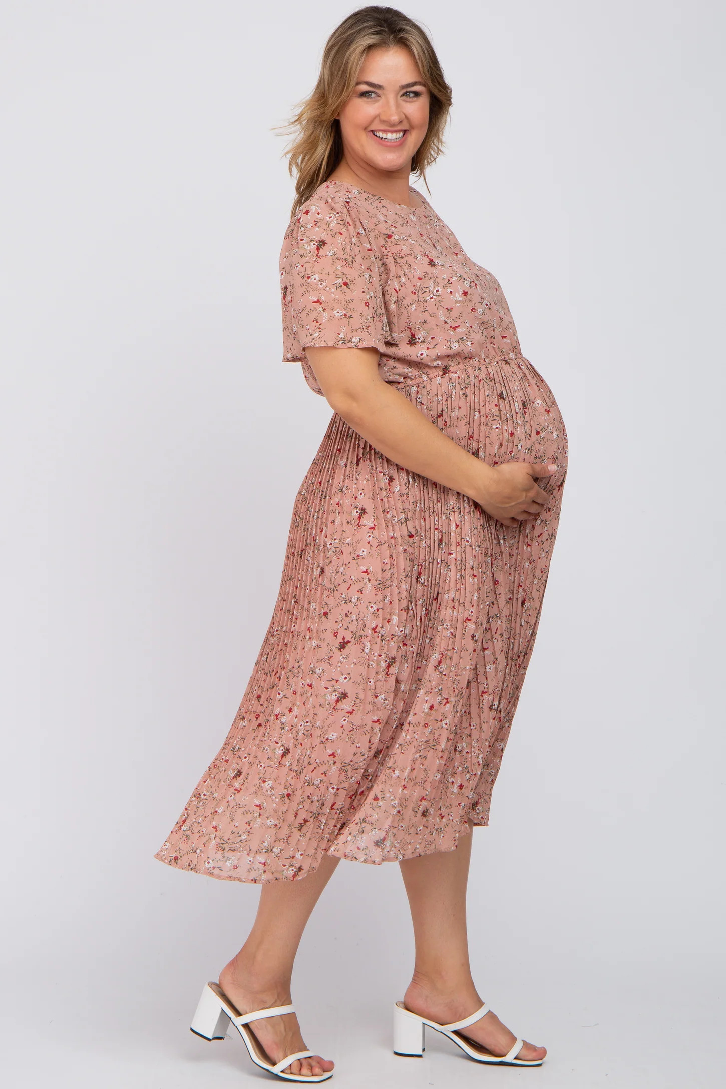 Forest Green Floral Pleated Chiffon Maternity Plus Midi Dress | PinkBlush Maternity