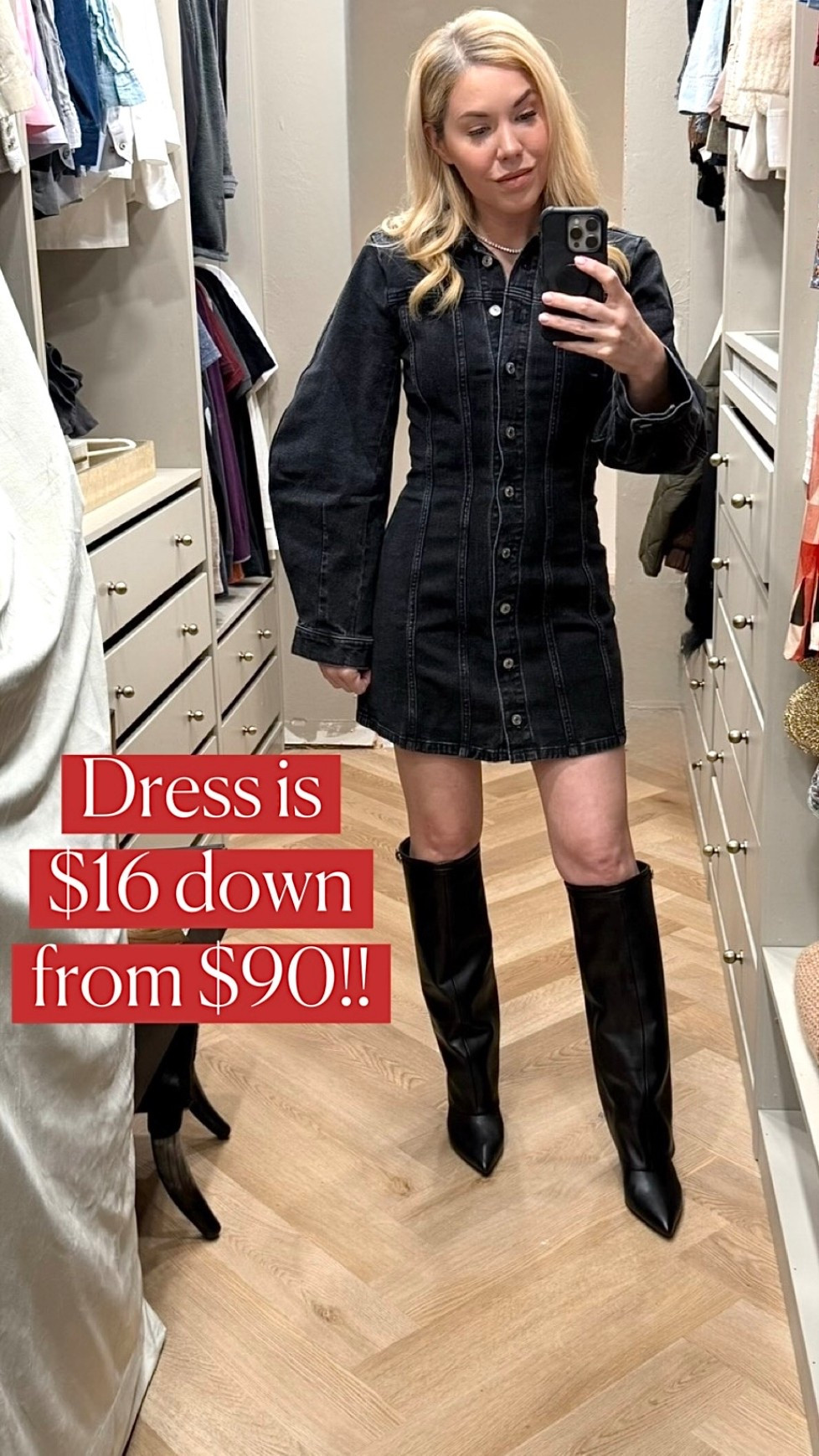 Denim dress
Dress
Knee high boots 

#LTKdayinmylife #LTKootd #LTKSaleAlert