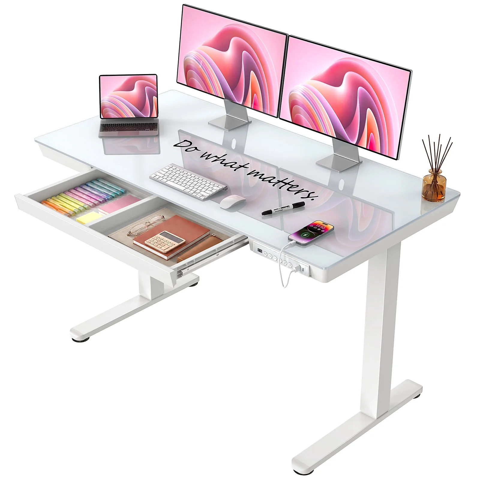 CHITOOMA Glass Top Electric Standing Desk with Drawer, 48'' x 24'' Electric Height Adjustable Desk with USB Charging Ports, Sit Stand up for Home Office | Walmart (US)