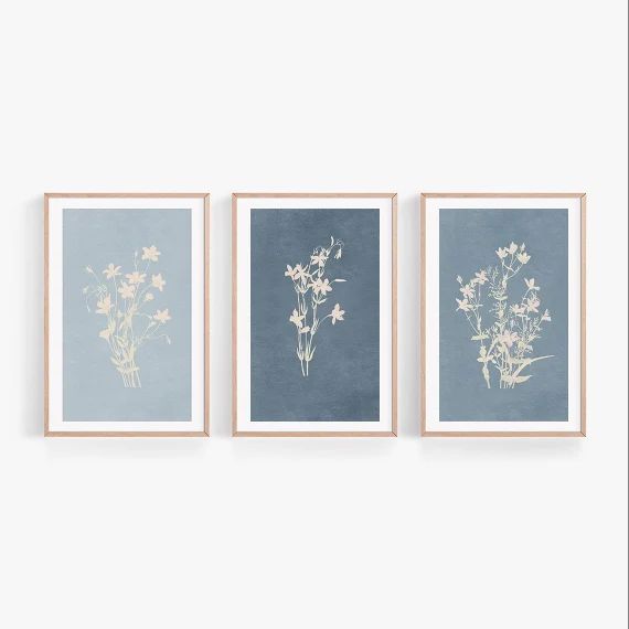 Wildflower Prints Set of 3, Watercolor Botanical, Modern Farmhouse, Rustic Wall Art, Blue, Indigo... | Etsy (US)