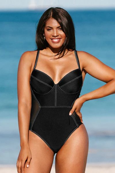 Ivory Contrast Stitched Black Plus Size One Piece Swimsuit | Cupshe