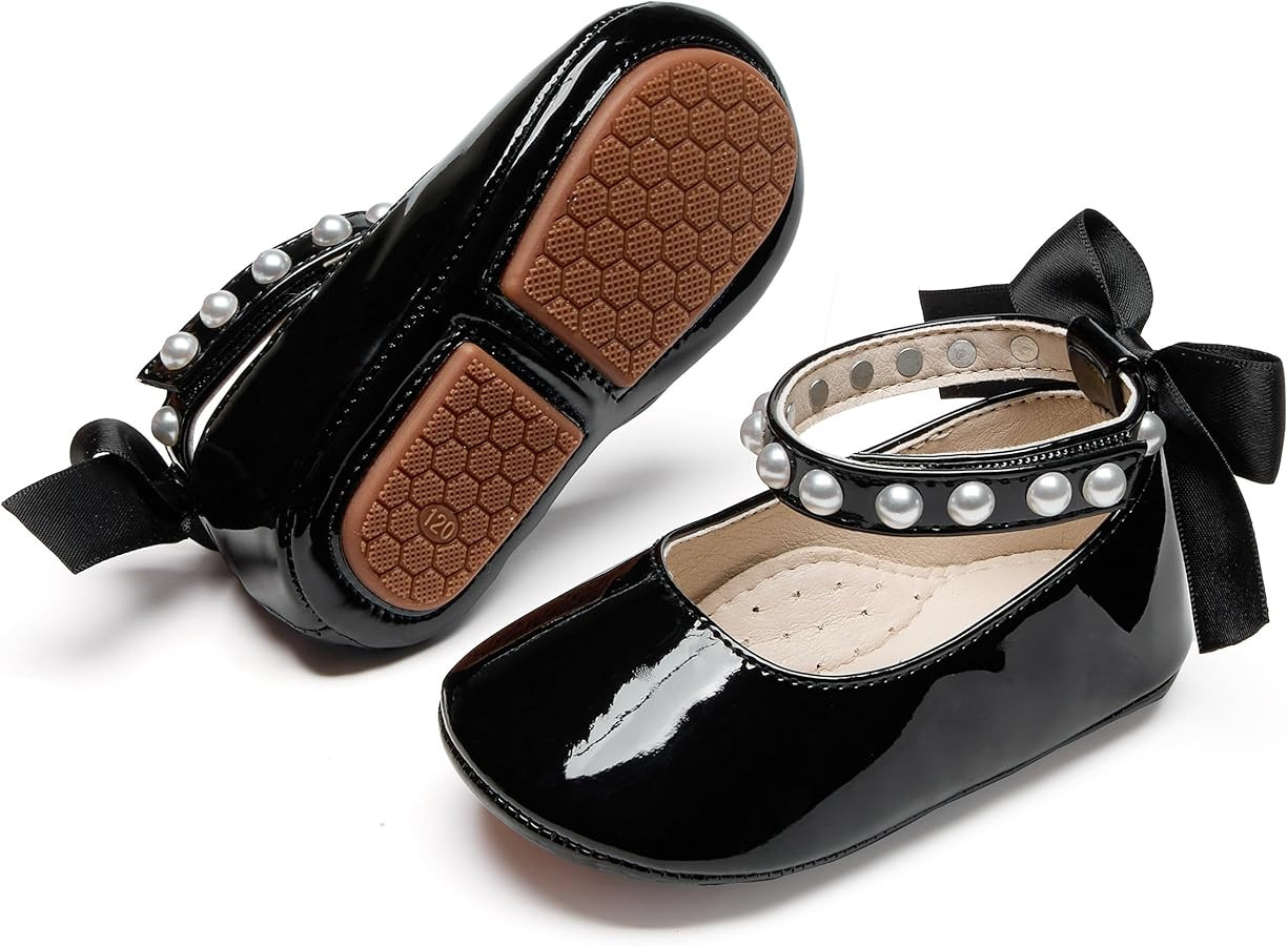 Baby Girls Mary Jane Flats - Infant Newborn Walking Shoes Soft Rubber Sole Princess Wedding | Amazon (US)