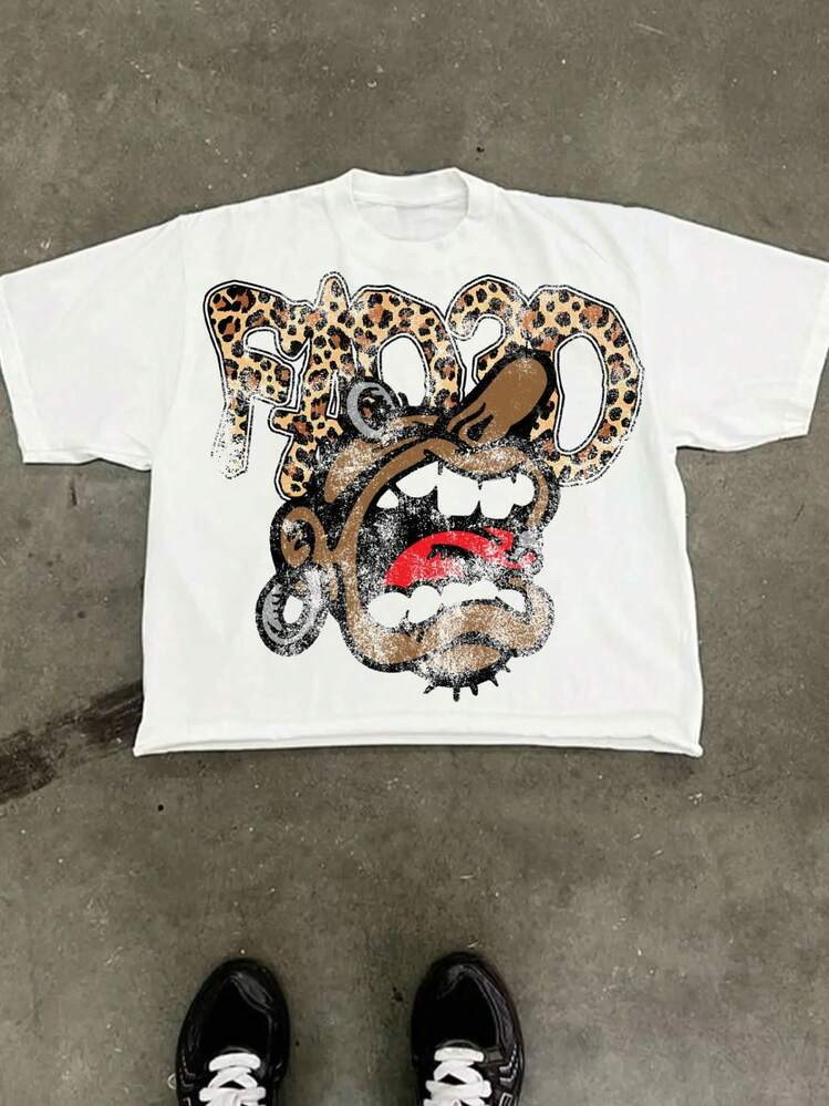 1 PCS "Cartoon Figure With Leopard Print Letters" Graphic Tee: Featuring Distressed Vintage Finis... | SHEIN
