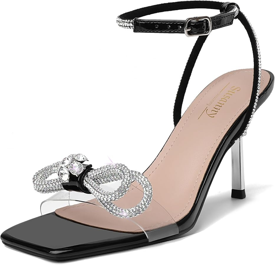 Women's Closed Toe Rhinstone Wedding Low Heel Slingback Clear Kitten Heels,Adjustable Strap Point... | Amazon (US)