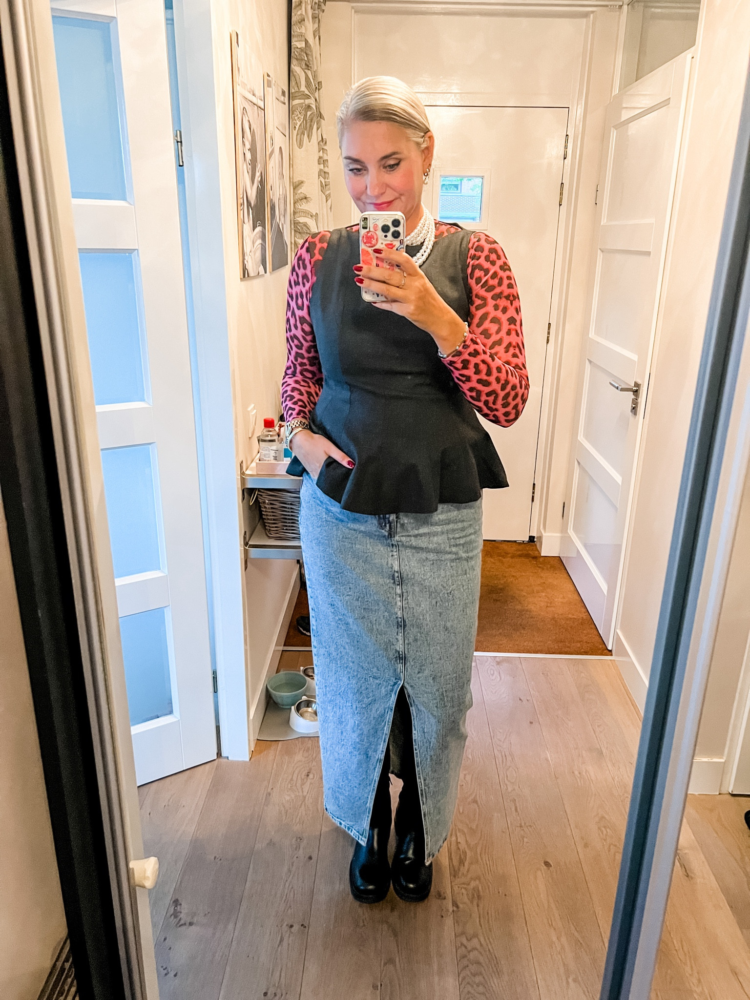 Ootd - Wednesday. Pink leopard print mesh top, anthracite grey peplum top (Zara, current, xxl), tall denim maxi skirt, black leather biker boots (last year, Van Haren).

#LTKnederlands #LTKeurope #LTKstyletip