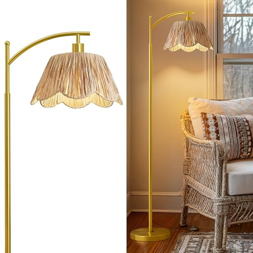 Oneach Arc Floor Lamp for Living Room,Rattan Boho Floor Lamp with Hand-Woven Shade, Foot Switch,Gold Metal Base & Pole,Farmhouse Standing Lamp for Bedroom Corner,Reading | Amazon (US)