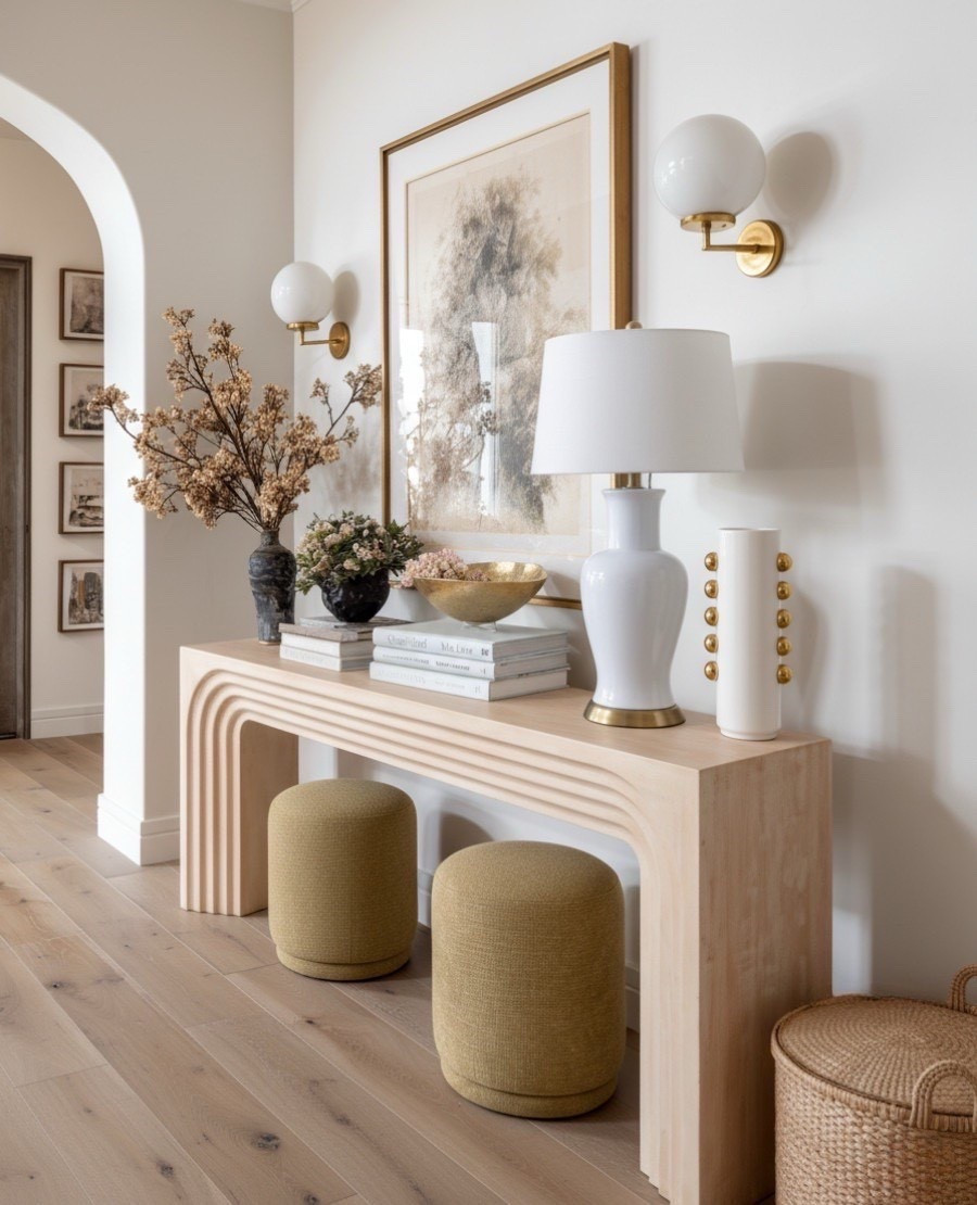 A bright and sculptural foyer layered with warm neutrals and organic textures.
The light oak console table features soft, carved arches in a natural blonde wood finish, bringing a modern coastal feel with its airy, architectural lines. Tucked beneath, a pair of round upholstered stools in a muted olive gold fabric add a pop of earthy color and soft texture to balance the wood tones.

On the console, the styling blends matte, metallic, and organic finishes: a white ceramic table lamp with brushed brass accents, a gold hammered metal bowl, and a collection of textured vases in charcoal and ivory tones. Soft faux florals in shades of nude, blush, and taupe bring a natural, curated look.

Above the table, a warm toned abstract landscape in a brushed gold frame anchors the vignette with sandy neutrals, charcoal shading, and soft brown undertones. Flanking the art, brass globe sconces with glossy white shades add a refined glow and tie in the metallic accents.

The space is grounded by light European oak floors with subtle knots and a warm, neutral wash, creating a clean, inviting entry that feels luxurious without being overdone.

✨ Shop the look:
• Light blonde oak carved console table
• Olive gold upholstered round stools
• White ceramic table lamp with brass detail
• Charcoal + ivory textured vases
• Gold hammered accent bowl
• Faux neutral florals
• Warm abstract artwork in brushed gold frame
• Brass globe wall sconces
• Natural woven lidded basket 

#LTKHome #LTKSaleAlert