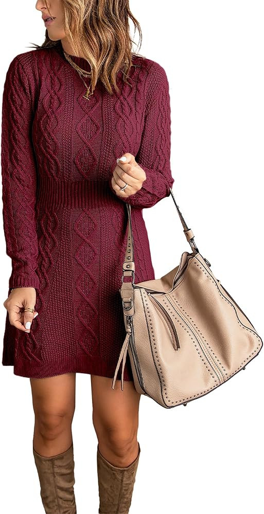 luvamia Sweater Dress for Women Cable Knit Ribbed A-Line Short Fitted Pullover Sweaters Dresses Fall | Amazon (US)