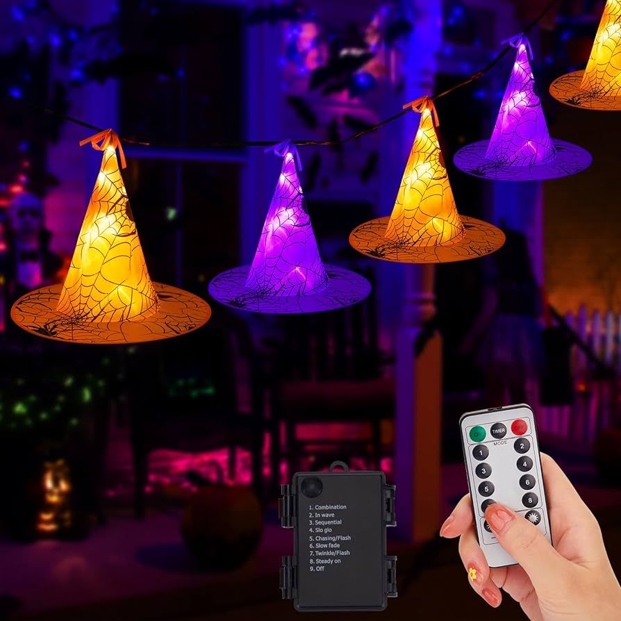 Halloween Lights Witch Hat, 56 LED Battery Operated Purple and Orange Lights with 8 Pack Hanging ... | Amazon (US)
