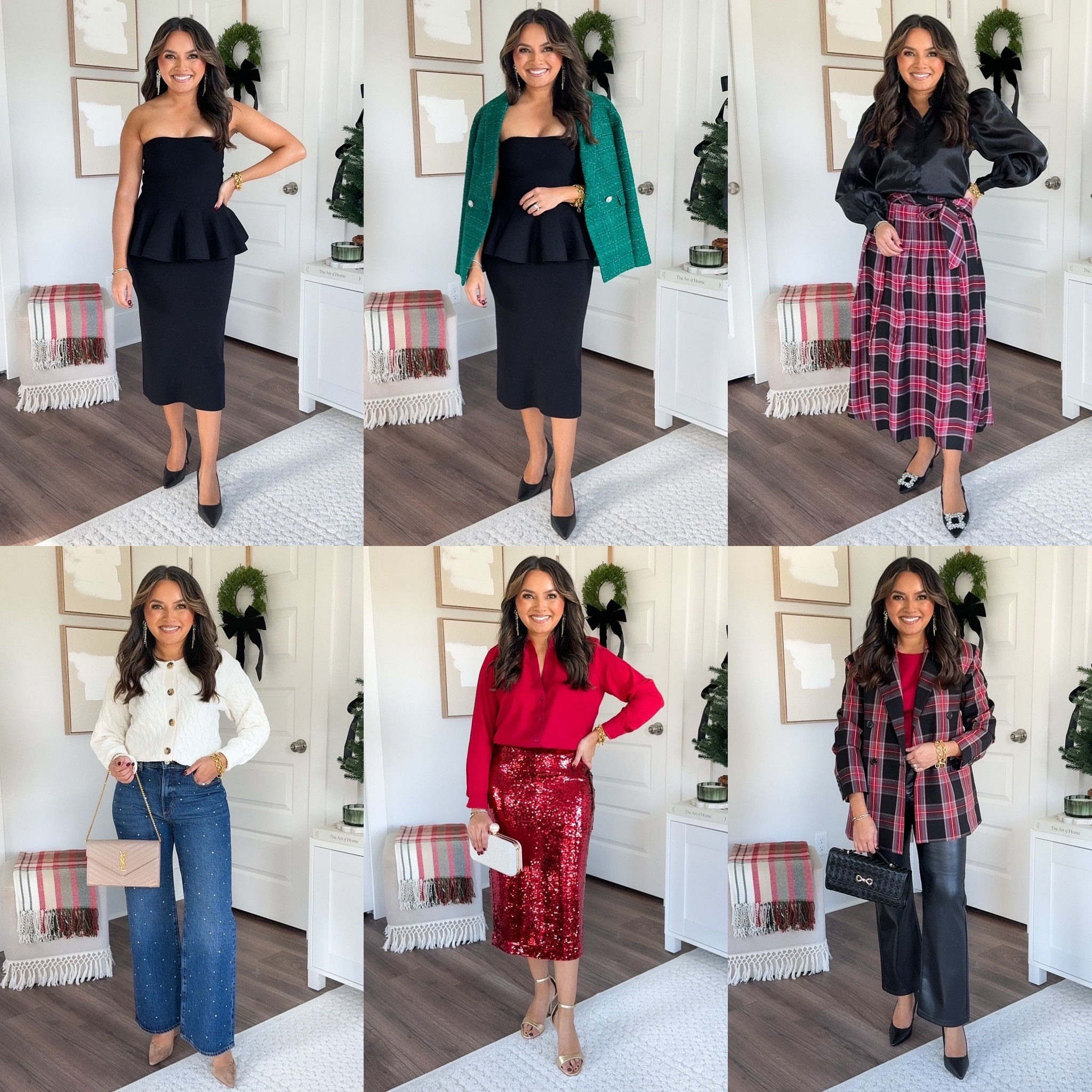 Black peplum top size XXS TTS 
Black sweater skirt size XS petite TTS 
Black heels size 5 TTS 

Jewel green blazer size 00 petite - runs small, wish I had sized up a size 
Black peplum top size XXS TTS 
Black sweater skirt size XS petite TTS 
Black heels size 5 TTS 

Black organza blouse size XS petite TTS 
Red gingham plain midi skirt size 2 petite TTS 
Black embellished heels size 5 TTS 

White cable cardigan size XXS TTS
Embellished rhinestone jeans size 2 petite TTS 
Tan suede heels size 5 TTS 

Red top size XS petite TTS 
Red sequin skirt size 2 petite TTS - sold out, check back for restock 
Gold heels - old, similar linked 

Plaid blazer size 00 petite TTS 
Red  blouse size XS petite TTS 
Black faux leather pants size 2 petite - run a little small in the waist, size up a size 
Black heels size 5 TTS 

Holiday outfits 
Holiday style 
Holiday dress 
Christmas party outfit 
Christmas outfit 
New Years eve outfit 
Holiday party outfit 

Honey Sweet Petite 
Honeysweetpetite 

#LTKStyleTip #LTKHoliday #LTKParties