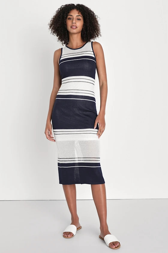Mornings in Mykonos White and Navy Blue Striped Knit Midi Dress | Lulus