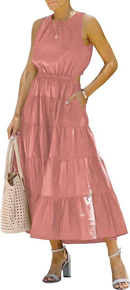 LOGENE Womens Summer Casual Sleeveless Solid Cut Out Long Dress Ruffle Tiered A-Line Flowy Swing ... | Amazon (US)