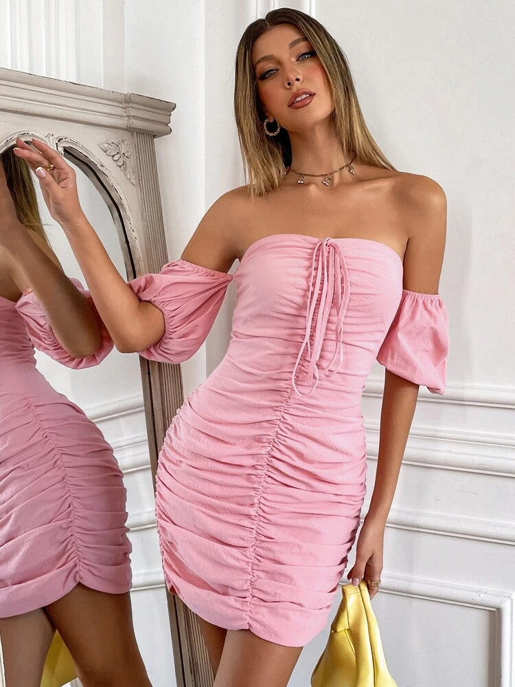 Off Shoulder Ruched Knot Front Dress | SHEIN