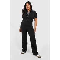 Womens Plus Contrast Button Down Cotton Jumpsuit - Black - 26, Black | Boohoo.com (UK & IE)