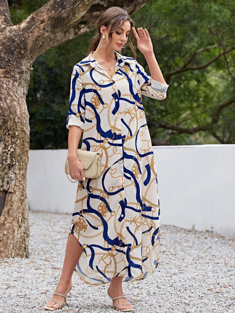 Chain Print Button Up Shirt Dress | SHEIN