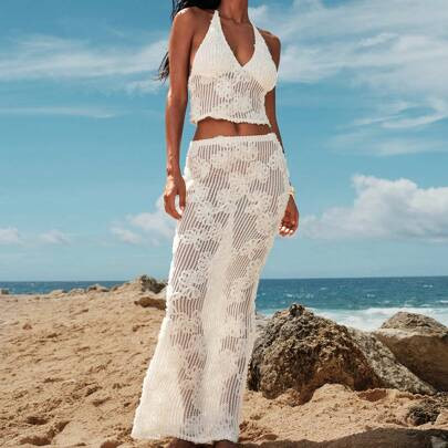 2pcs Solid Color Sleeveless Halter Top & Low Waist Maxi Skirt Set For Women | SHEIN