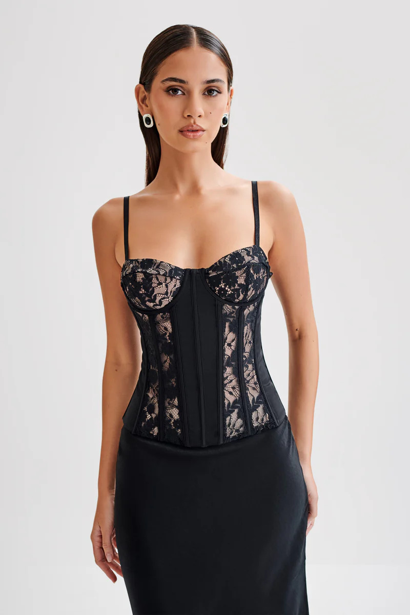 Maryse Satin And Lace Corset Top - Black | MESHKI US