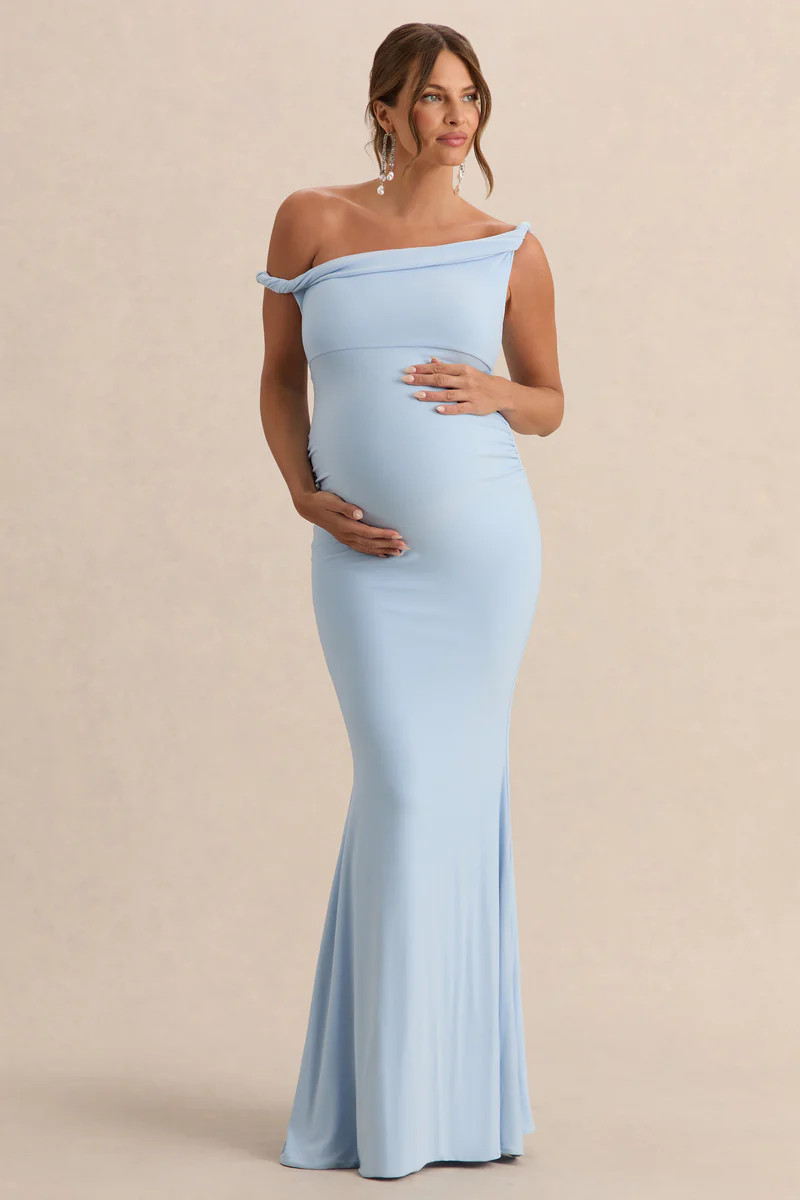 Lita  Powder Blue Twisted Asymmetric Maternity Maxi Dress | Club L London