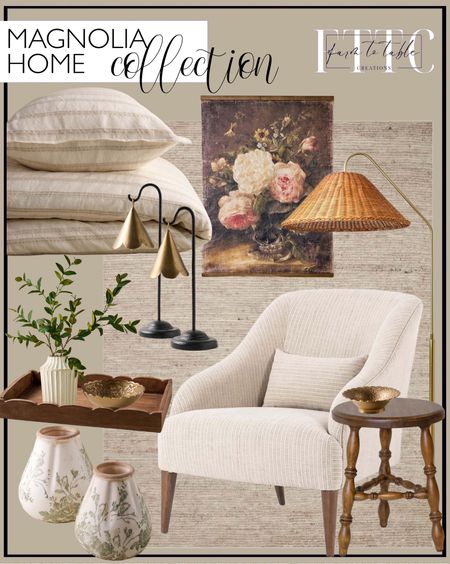Magnolia Home Collection. Follow @farmtotablecreations on Instagram for more inspiration.

Reagan Ribbed White Vase. Embroidered Oatmeal Stripe Linen Cotton Duvet. Jude Plant Stand. Mariel Standing Scalloped Bell. Oversized Vintage Spring Blooms Tapestry. Freya Chair. Cordelia Marble Side Table. Large Leaf Spray. Lavinia Turned Leg Stool. Corrie Accordion Shade Table Lamp. Ava Natural Ivory Rug. Lucia Floor Lamp. Scalloped Antiqued Wood Tray. Fluted Green and White Distressed Vase. Bedroom Inspo. Magnolia Home Collection. Spring Home Refresh. Spring Decor. 

#LTKstyletip #LTKfindsunder50 #LTKhome
