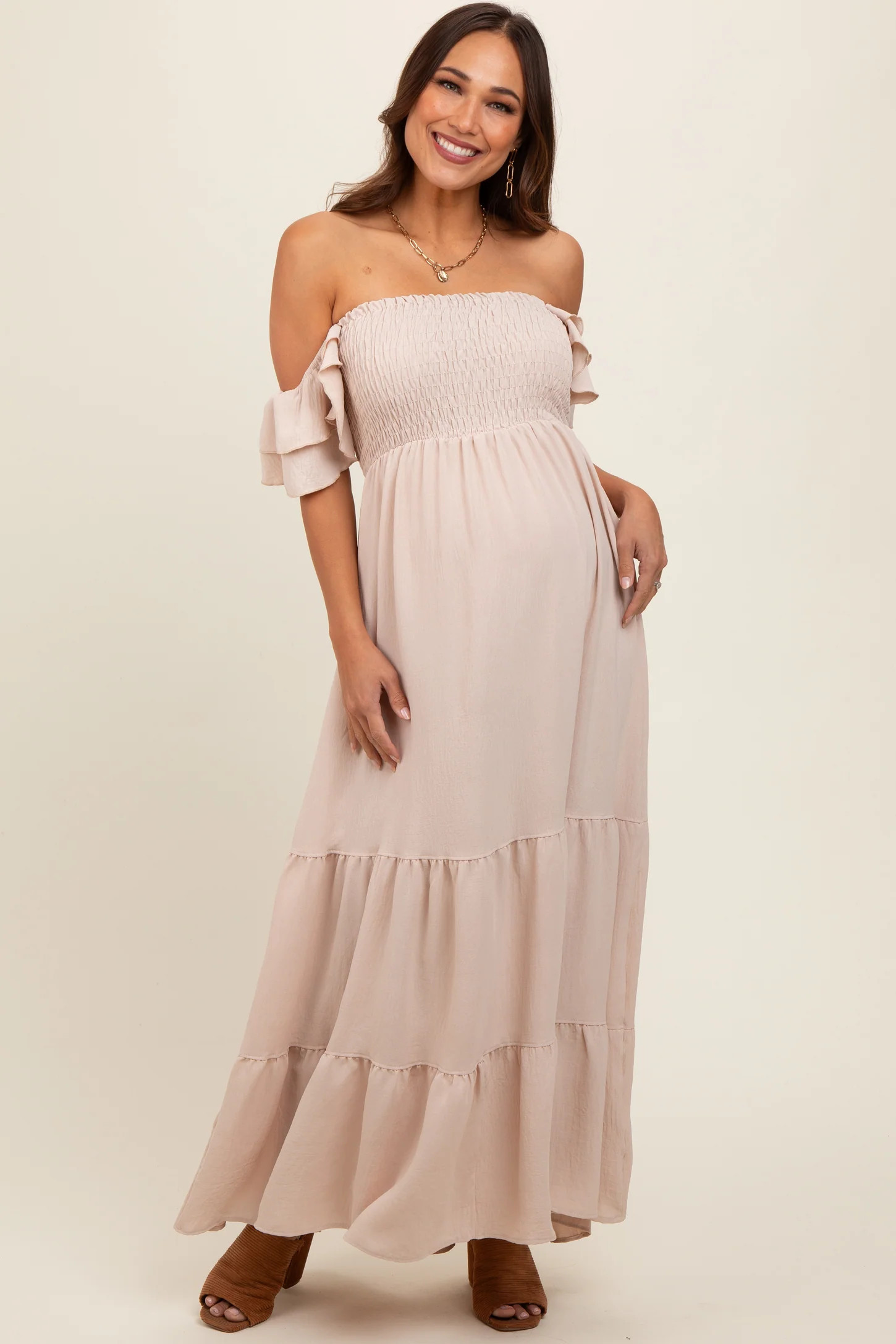 Taupe Smocked Ruffle Off Shoulder Tiered Maternity Maxi Dress | PinkBlush Maternity
