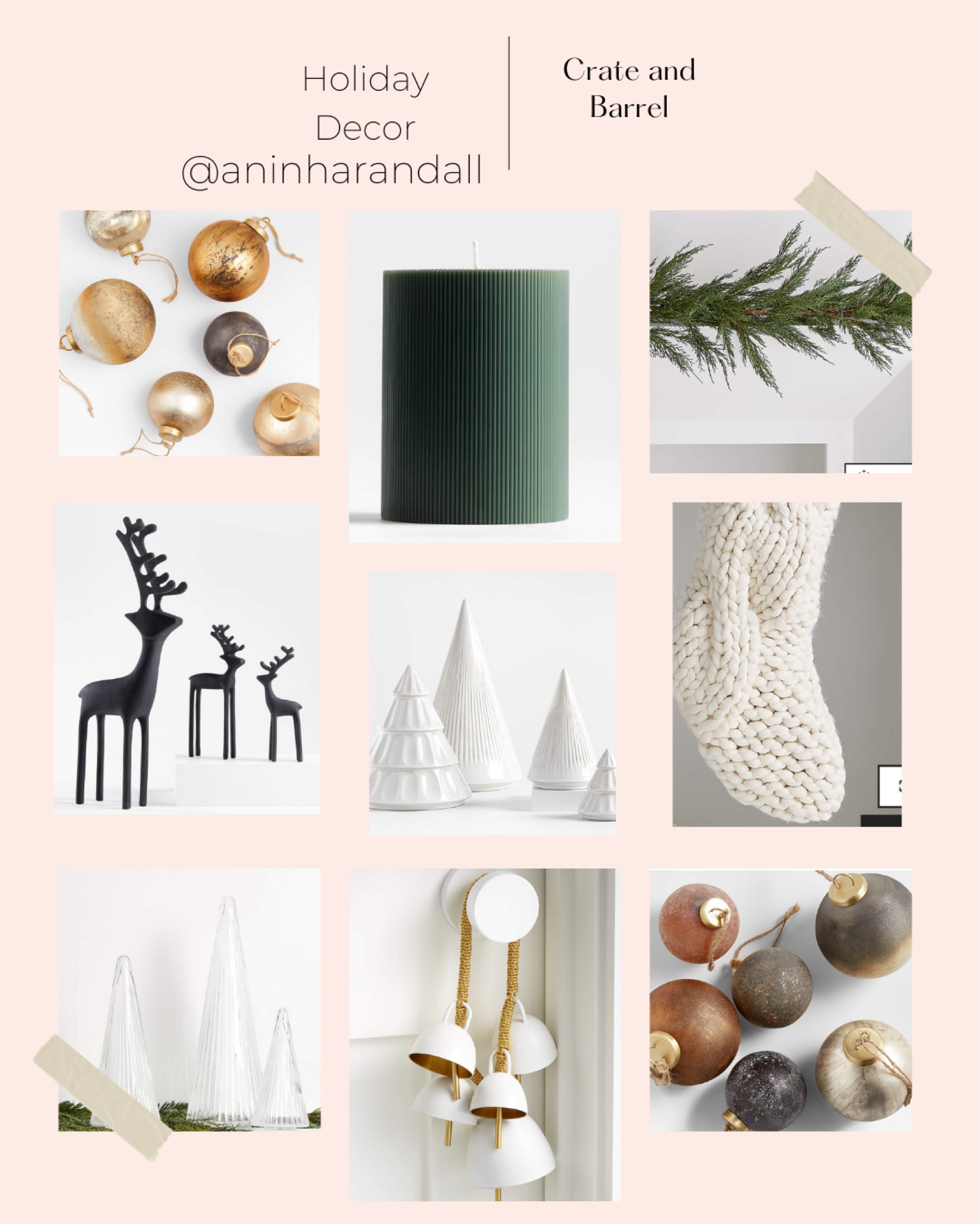 Crate and barrel Christmas decor, candle, ornaments, garland, reindeer, trees, stocking, bell 

#LTKSeasonal #LTKHoliday #LTKhome