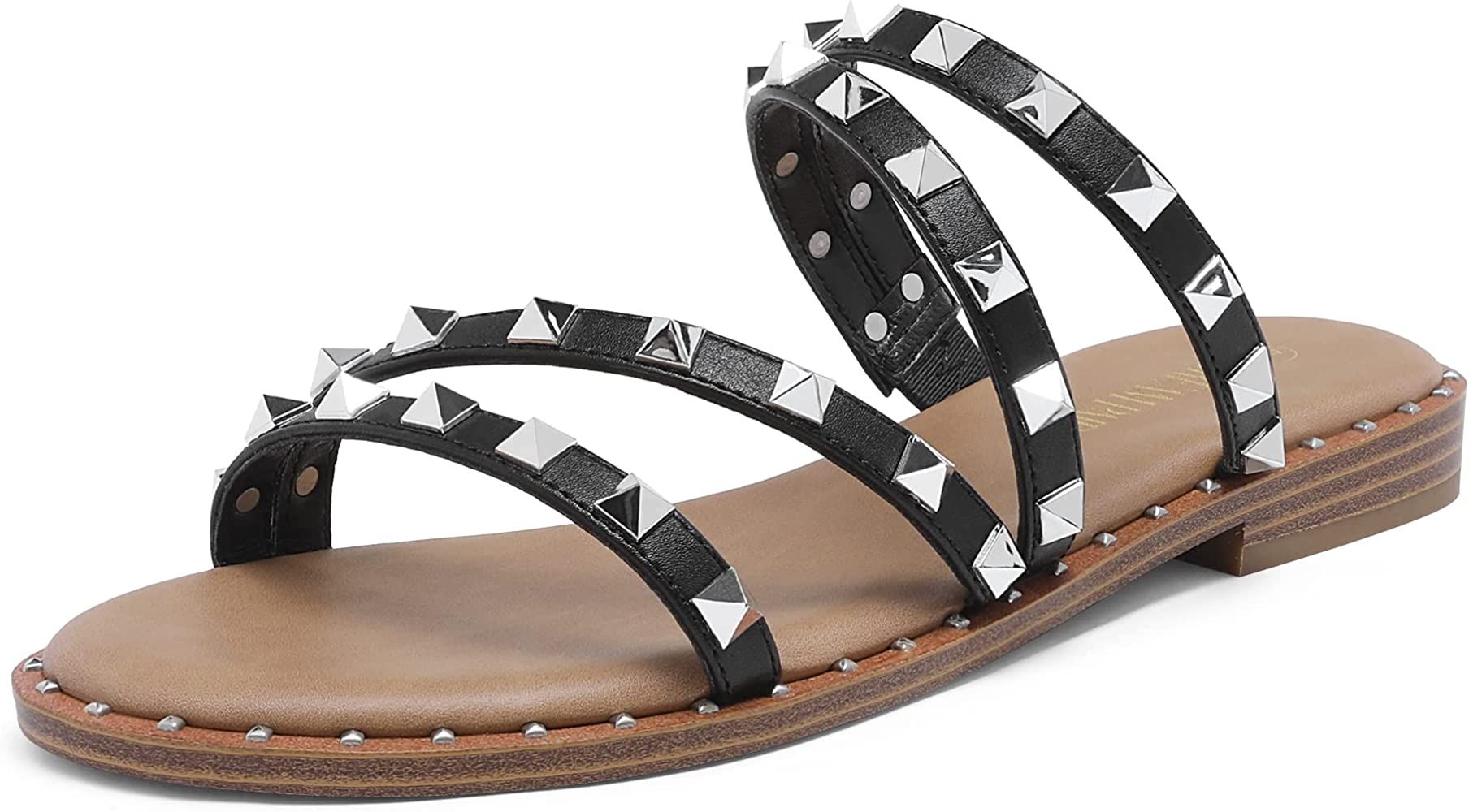 DREAM PAIRS Women's Clear Studded Rhinestone Slide Sandals Slip on Open Toe Cute Flat Sandals for Su | Amazon (US)