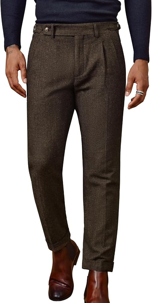 PJ PAUL JONES Men Vintage Tweed Pants Herringbone Pleated Suit Trousers | Amazon (US)
